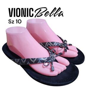 VIONIC BELLA Sz 10 Brown Geometric Flip Flop Style Vacation Travel Flat Sandals